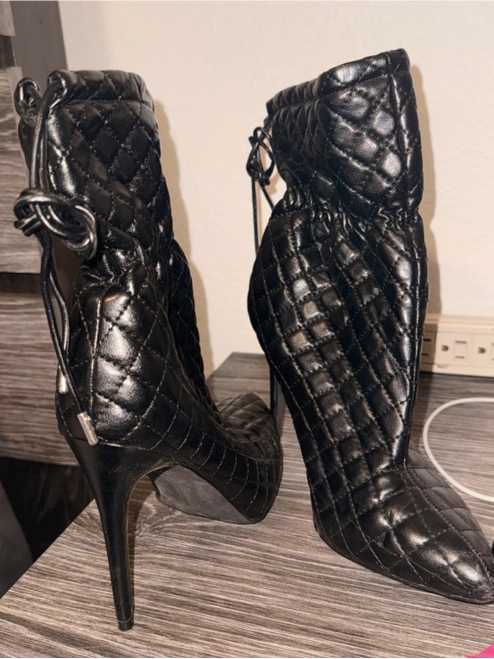 Quilted High Heel Ankle Boots - Black